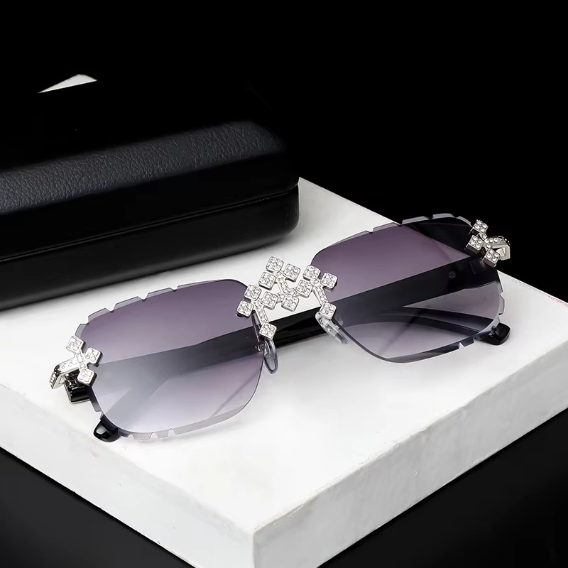 2025 Fashion Square Rimless Sunglasses For Women Cross Diamond Metal Frame Luxury Eyewear Cut Lens UV400 Shades Sun Glasses