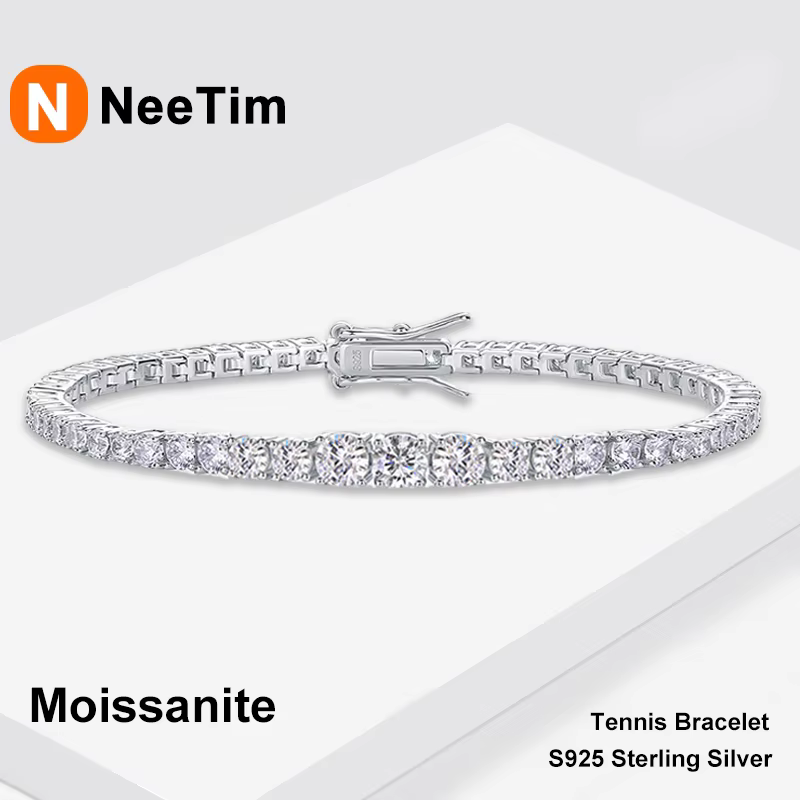 NeeTim D VVS1 Full Moissanite Tennis Bracelet S925 Sterling Silver with White Gold Plated Bracelets for Women Man Wholesale
