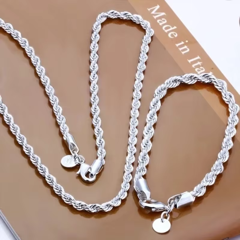 Charm 925 sterling silver Accessories Men 4MM 40-60cm 2PCS Rope Chain Necklace Bracelet Women Fashion Wedding Gift Jewelry - AliExpress 36