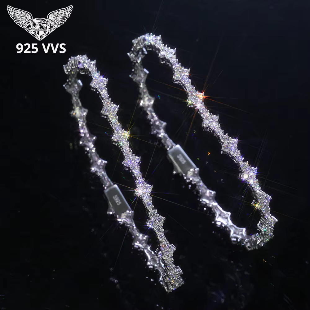 925 VVS Moissanite Star Chain Bracelet Hip Hop Jewelry Bling Iced Out Tennis Cross Bracelet Sterling Silver with GRA 7/8inch