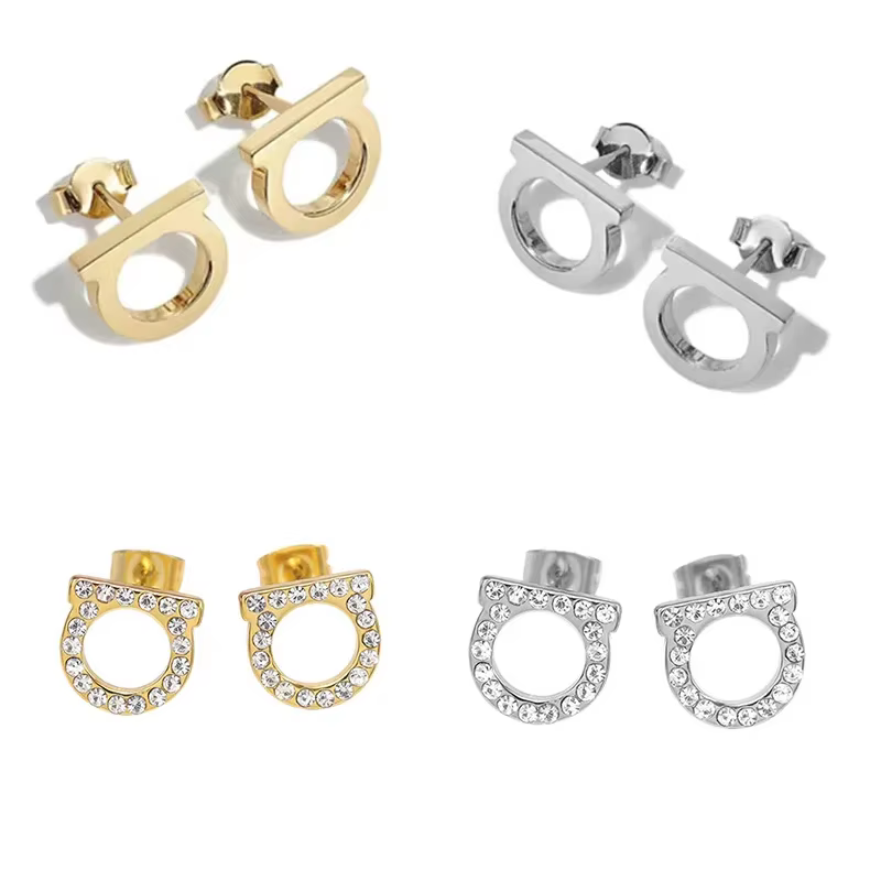 EVISPOL 2Pcs of Simple and Luxurious D-shaped Stainless Steel Stud Eearrings Inlaid Sparkling Cubic Zircon Ear Piering Jewelry