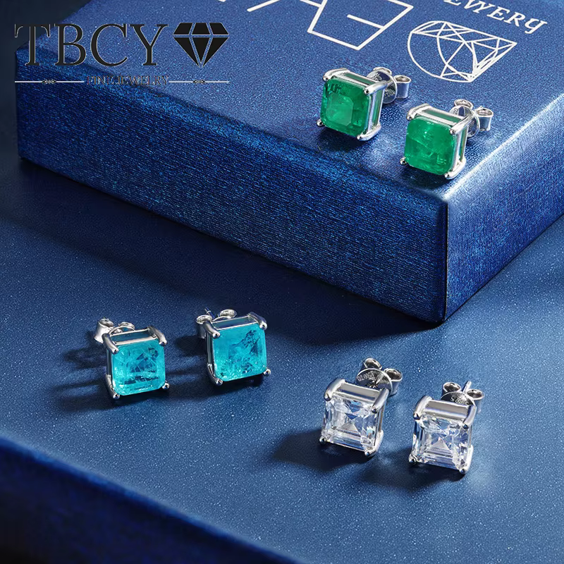 TBCYD 7*7mm Paraiba/emerald Stud Earrings for Women Real 925 Sterling Silver 5A Zircon Elegant Sparlking Ear Mother's Day gift