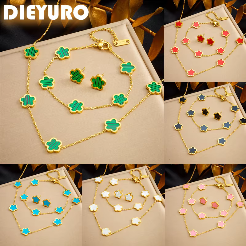 DIEYURO 316L Stainless Steel Colorful Five Leaf Flowers Necklace Bracelet Earrings Suit Womens New Trend Non-fading Jewelry Set - AliExpress 36