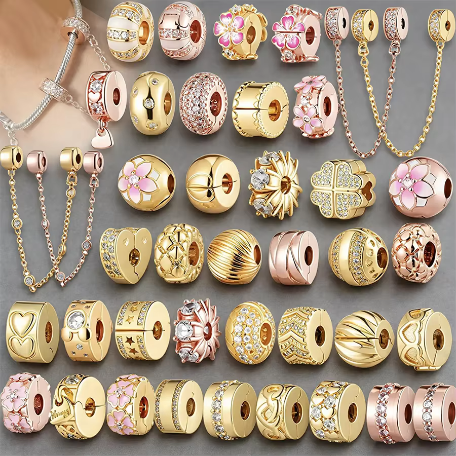 Gold & Rose Gold Plated Clip Charms for Silver 925 Bracelet DIY Jewelry Making Flower CZ Heart Stopper Beads for Women Gift - AliExpress 36